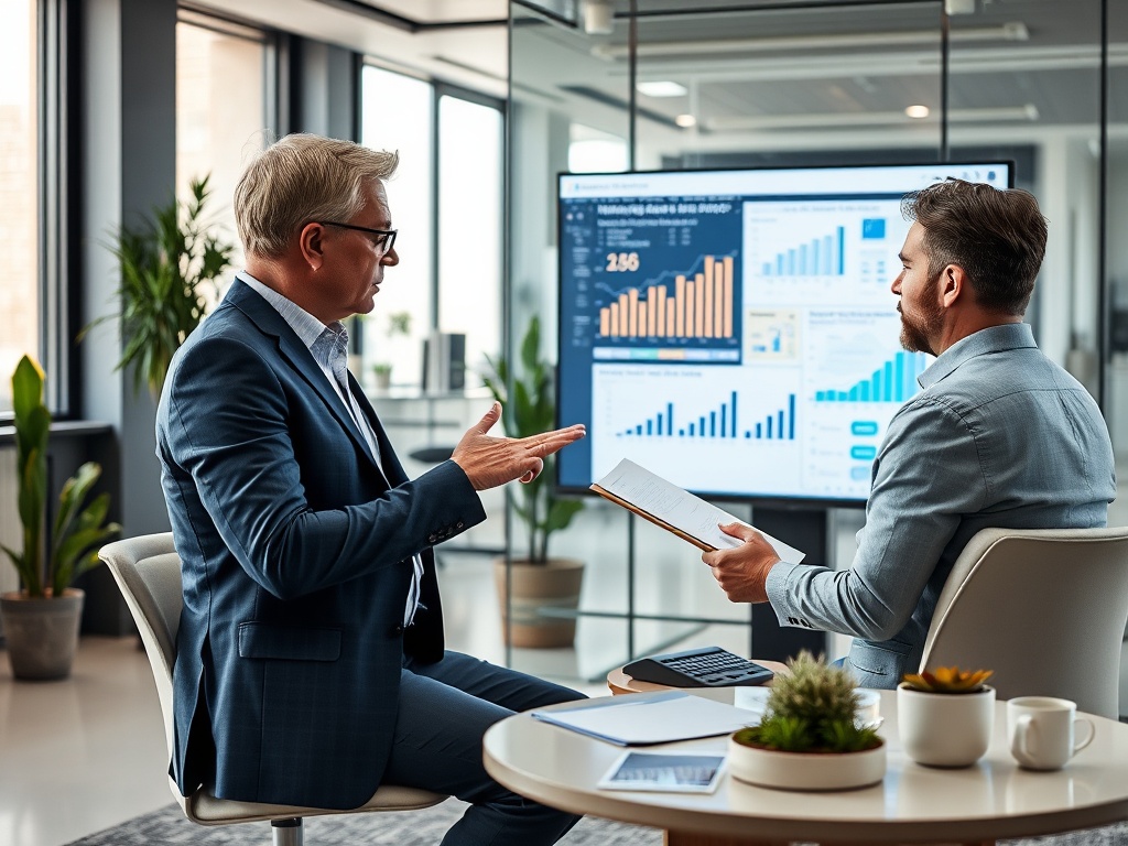 Два человека на встрече обсуждают графики и данные, сидя за столом в современном офисе.
