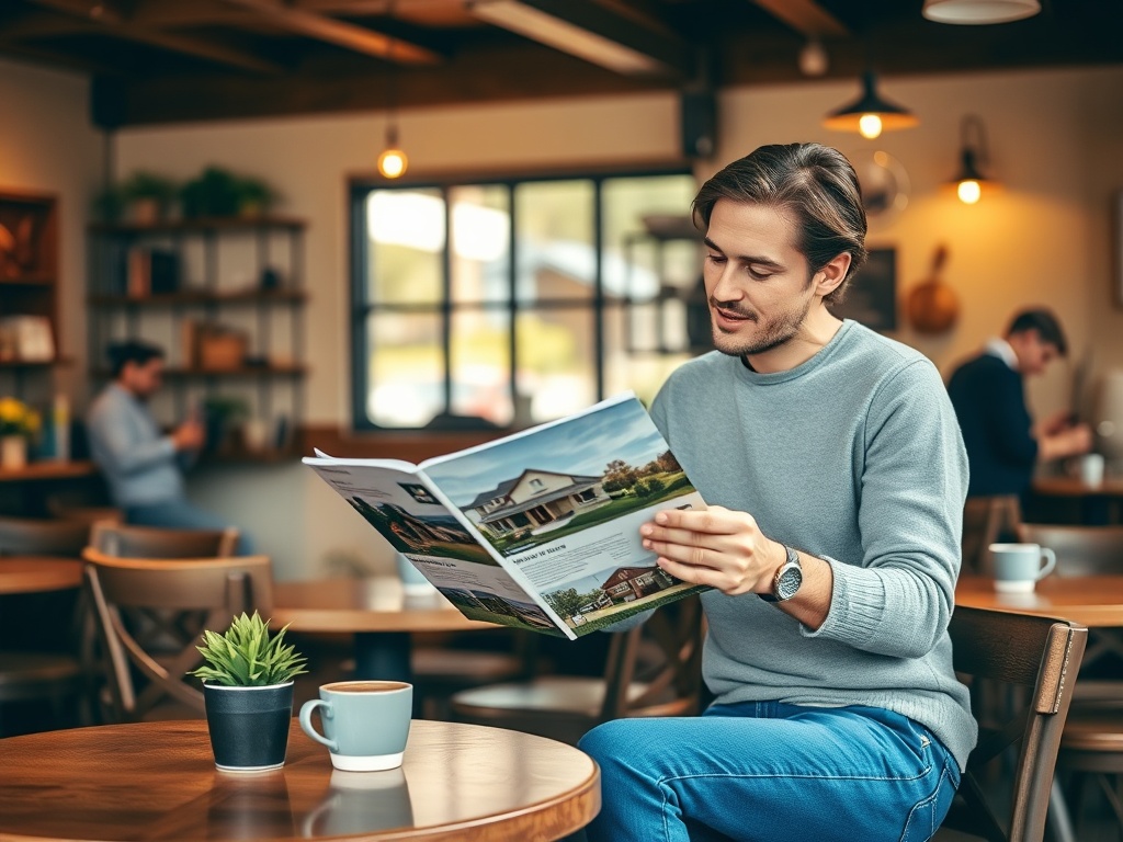 Мужчина читает журнал о недвижимости в кафе, на столе кофе и зеленое растение в горшке.