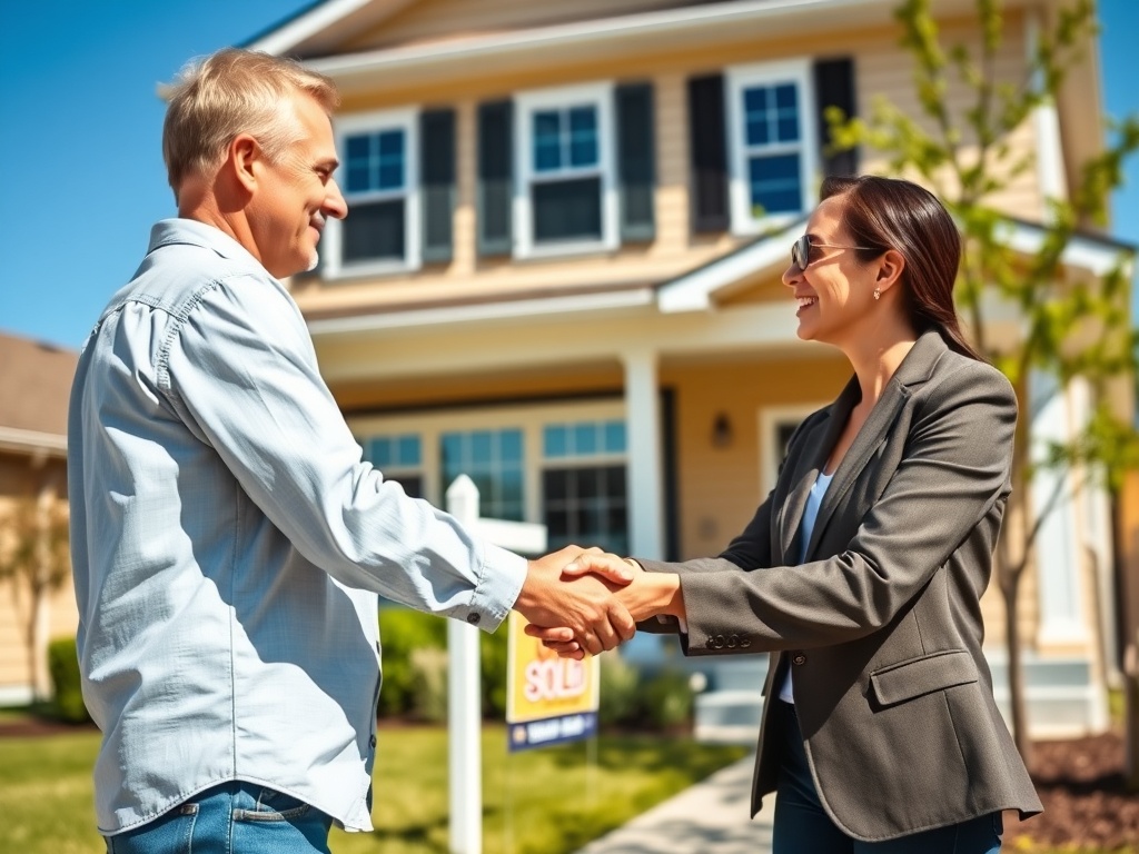 На изображении мужчина и женщина крепко жмут руки на фоне дома с табличкой «Продано».