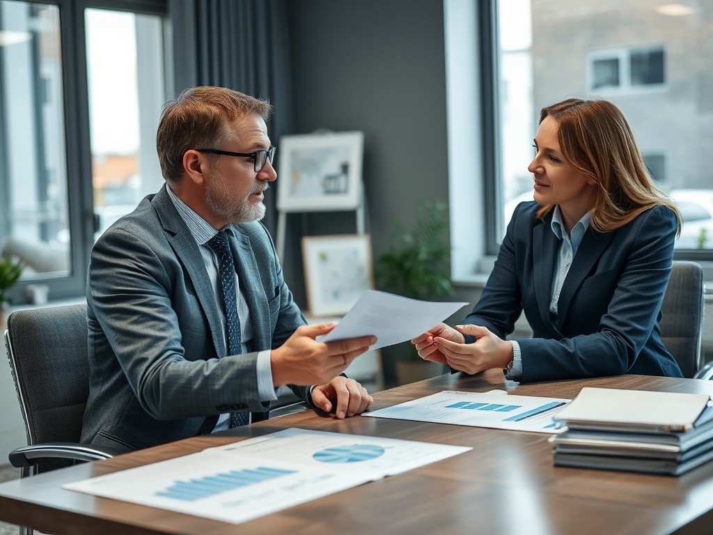 Два человека в деловых костюмах обсуждают документы в офисе, сидя за столом с графиками и отчетами.