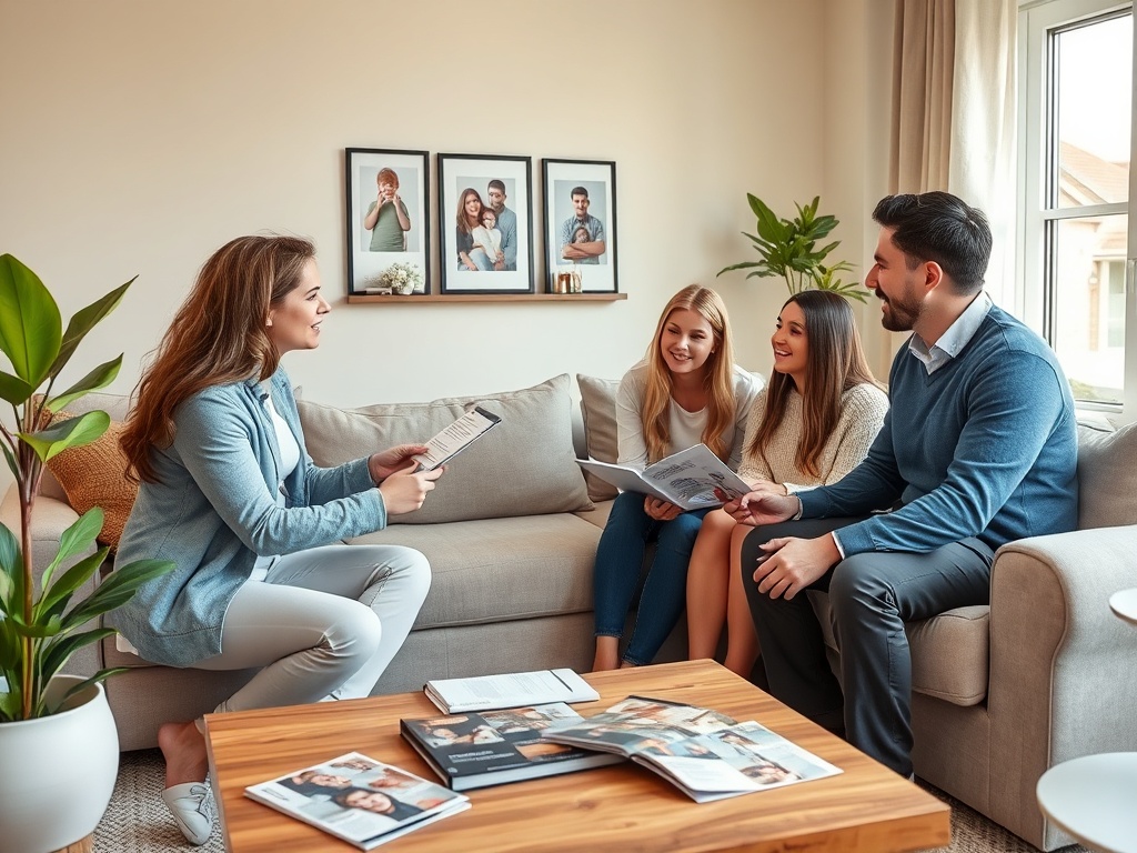 Четыре человека обсуждают что-то на диване, листая журналы в уютной комнате с растениями.