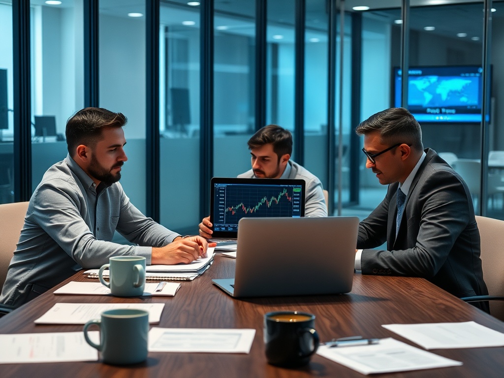 Трое мужчин в деловых костюмах обсуждают графики на ноутбуке в современном офисе. На столе чашки и документы.