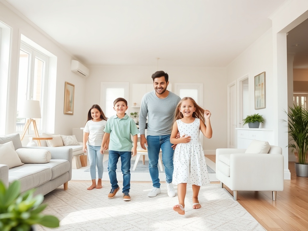 Четыре человека, включая двоих детей, счастливо идут по светлой комнате с белой мебелью.