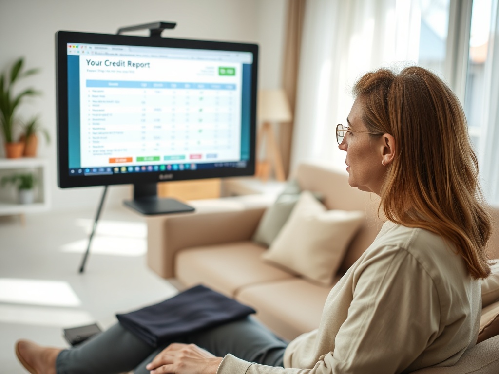 Женщина смотрит на экран компьютера с отчетом о кредите в уютной комнате.