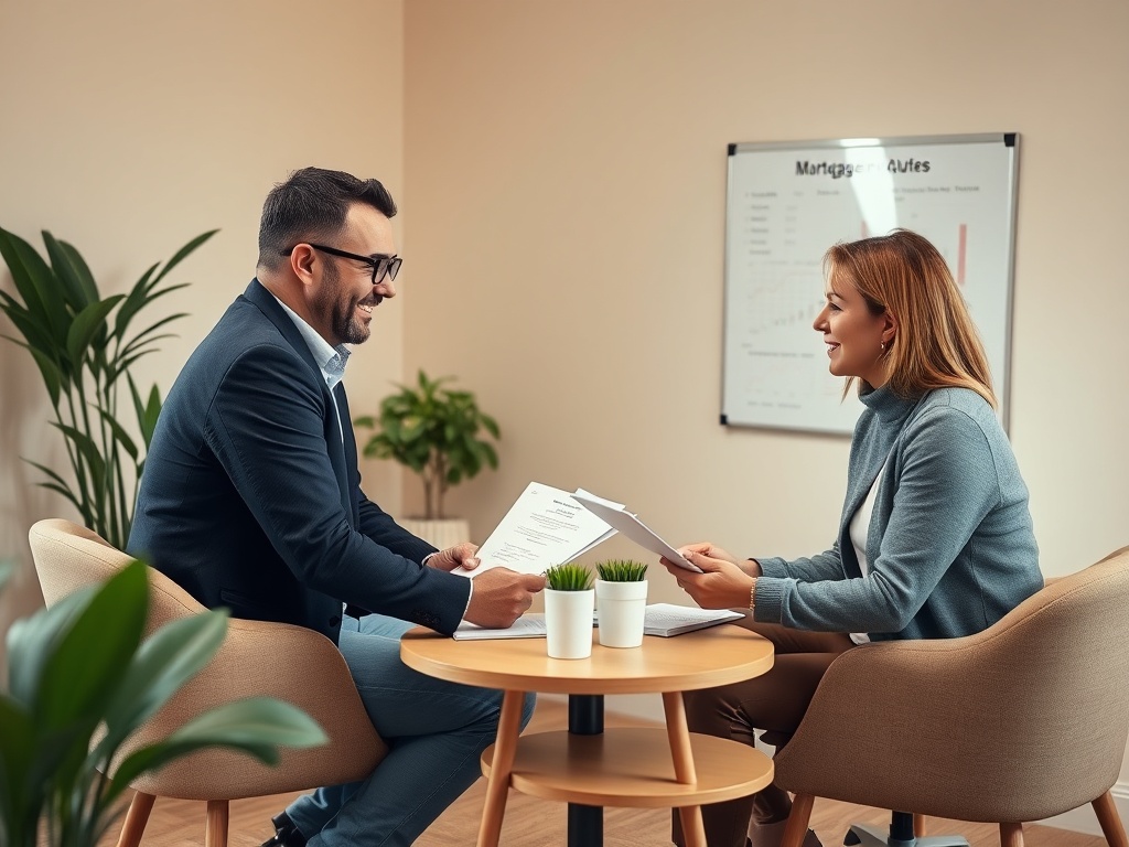 Два человека обсуждают документы за круглым столом в уютном офисе. Вокруг растительность и графики на стене.