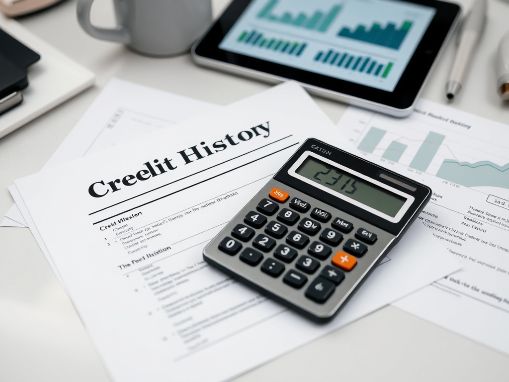 На столе документы с надписью "Creelit History", калькулятор и планшет с графиками.