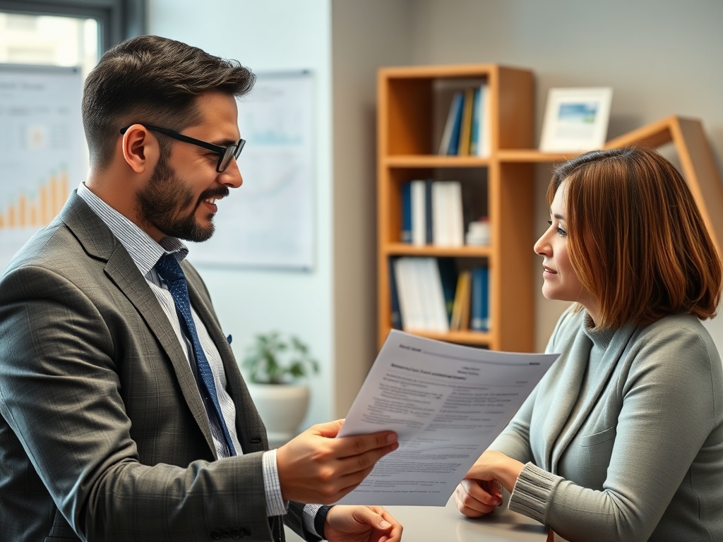 Два человека общаются в офисе, один держит документ, они заинтересованно обсуждают информацию.