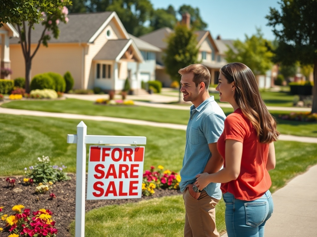 На фотографии молодая пара идет мимо дома с табличкой "На продажу" на солнечном деньке.