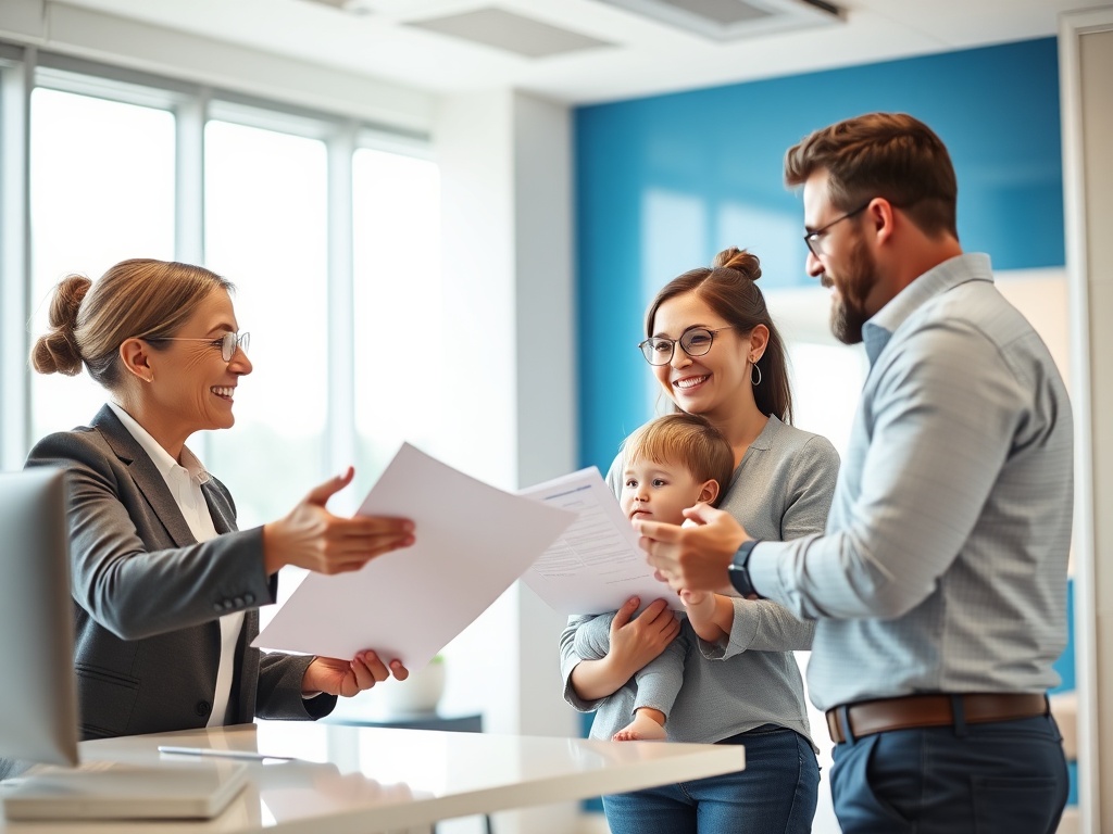 Женщина в костюме показывает документы семье с маленьким ребенком в офисе, улыбаясь и общаясь.